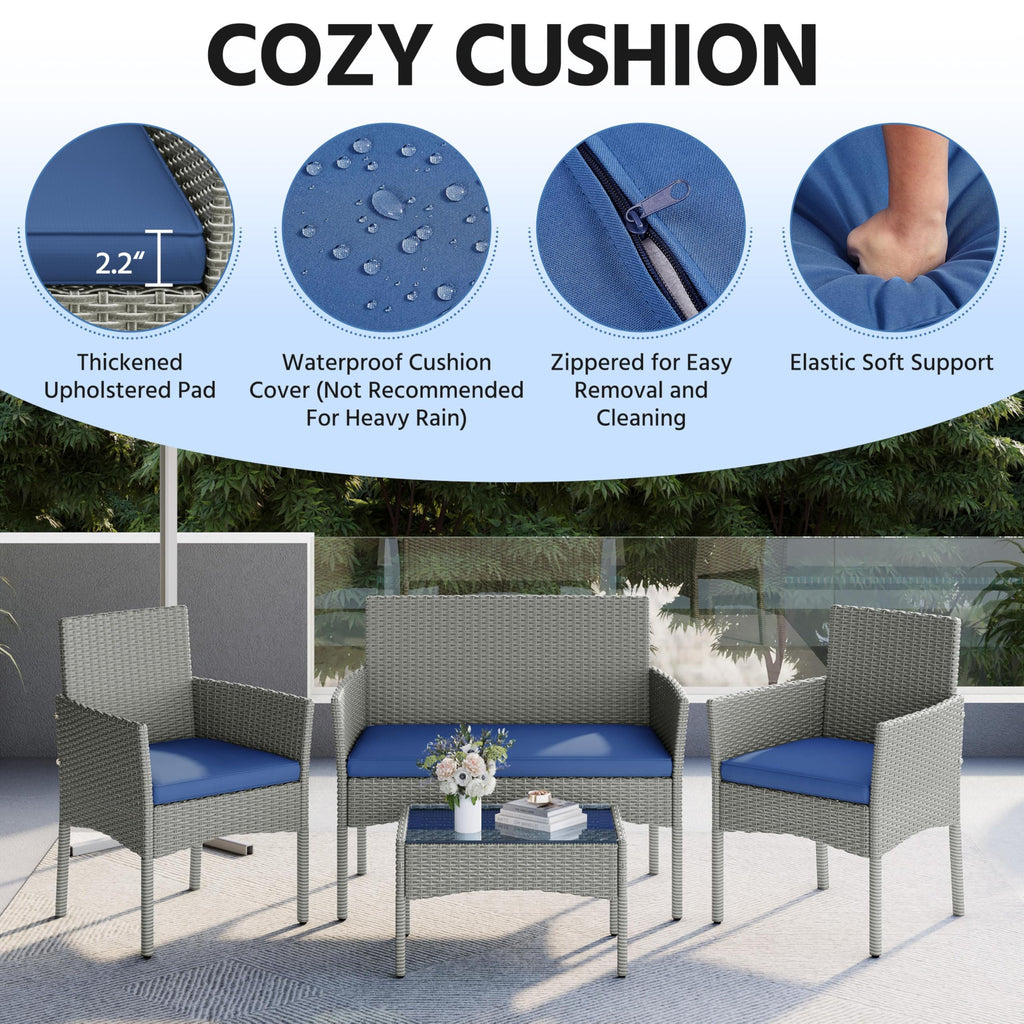 4 Pieces Rattan Wicker Patio Furniture Set with Cushion and Glass Table T45568